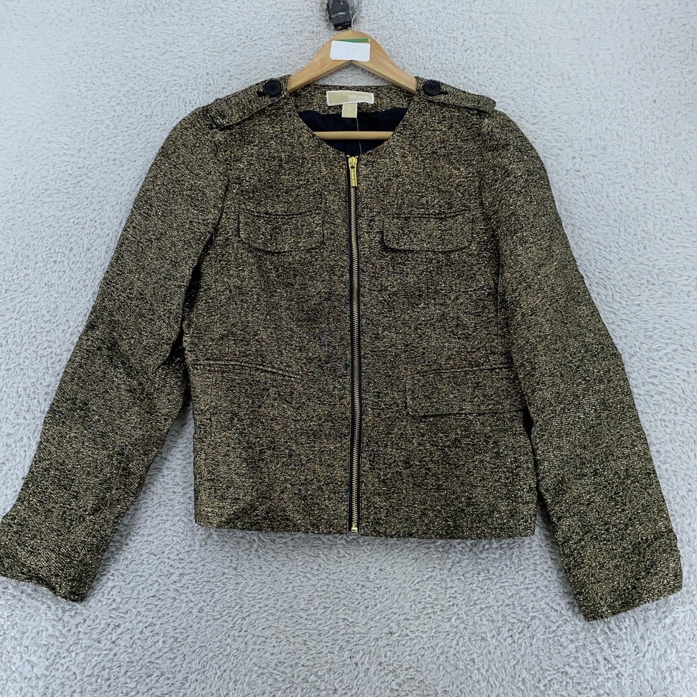 Michael Kors Silk‎ Blend Blazer Jacket Womens 6 Gold Metallic Full Zip Epaulet